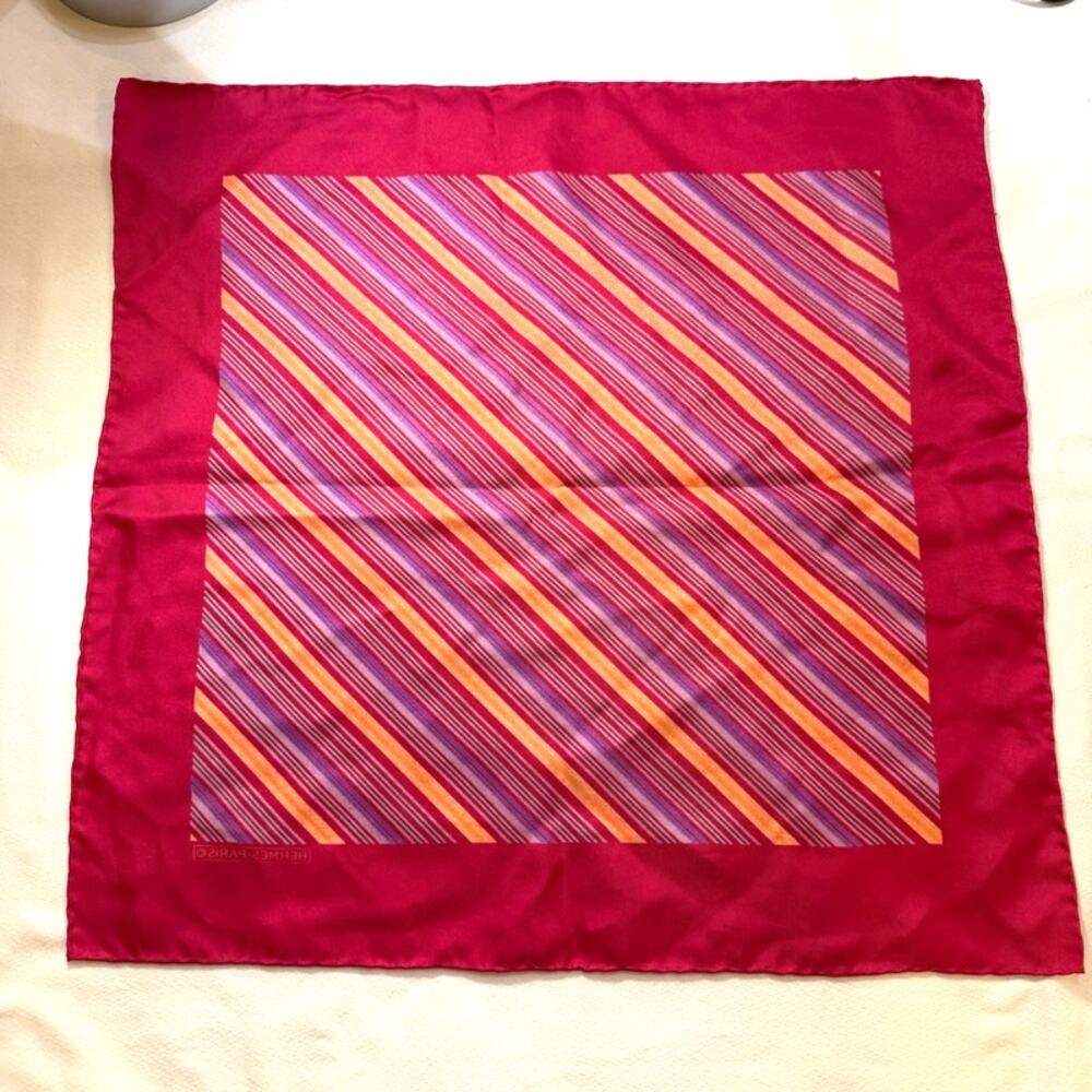 Hermes Paris Pink/Purple Striped 100% Silk Vintage Rolled Edge Pocket Square
